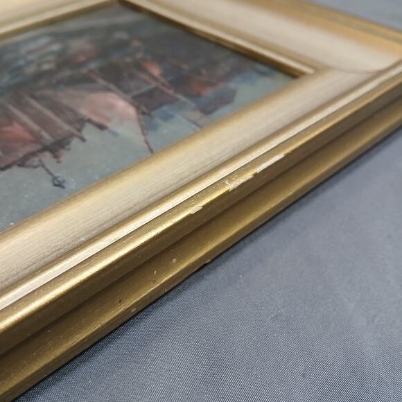 Vtg Framed Foil Art Print Schooner Sailboat Nautical Port Scene 11x9" Gold Frame - Picture 5 of 8